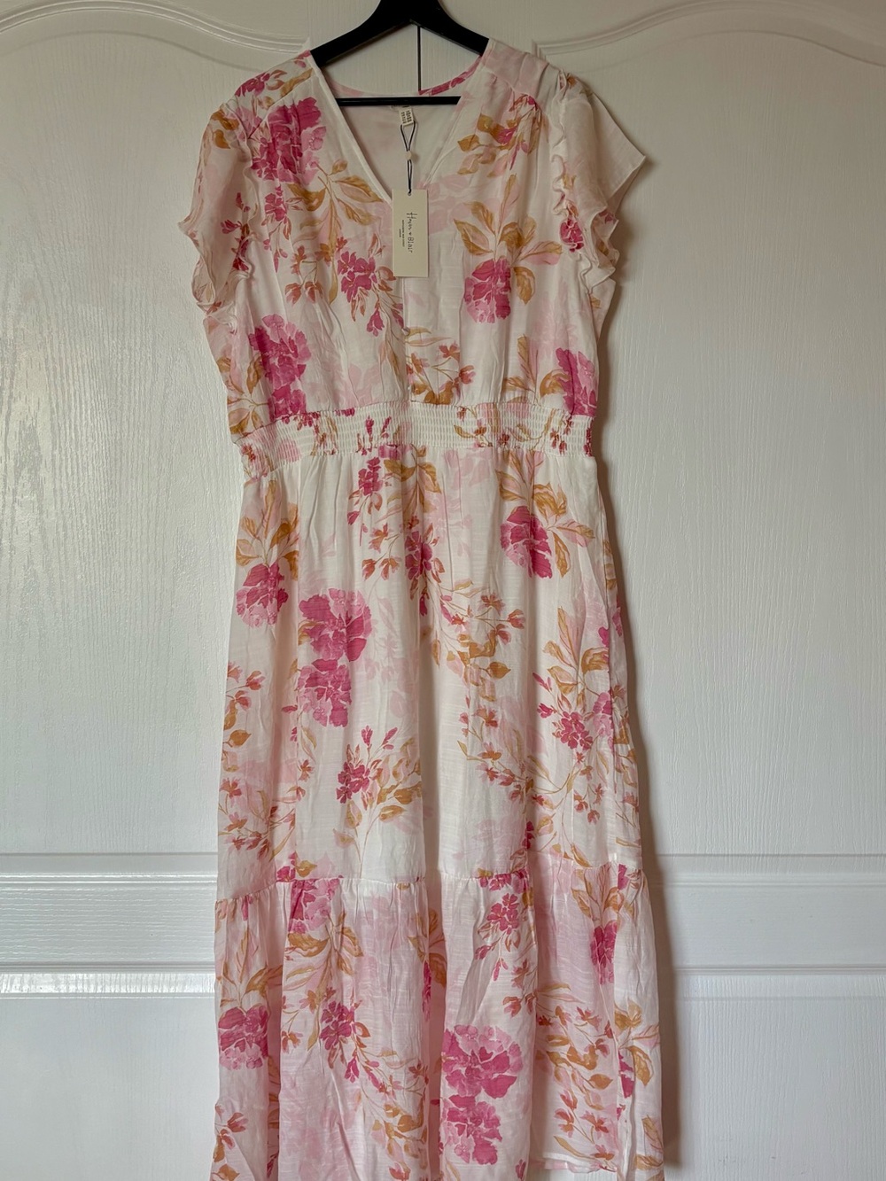 Floral Pink & Cream Maxi Dress with Smocked Waist Size 2X